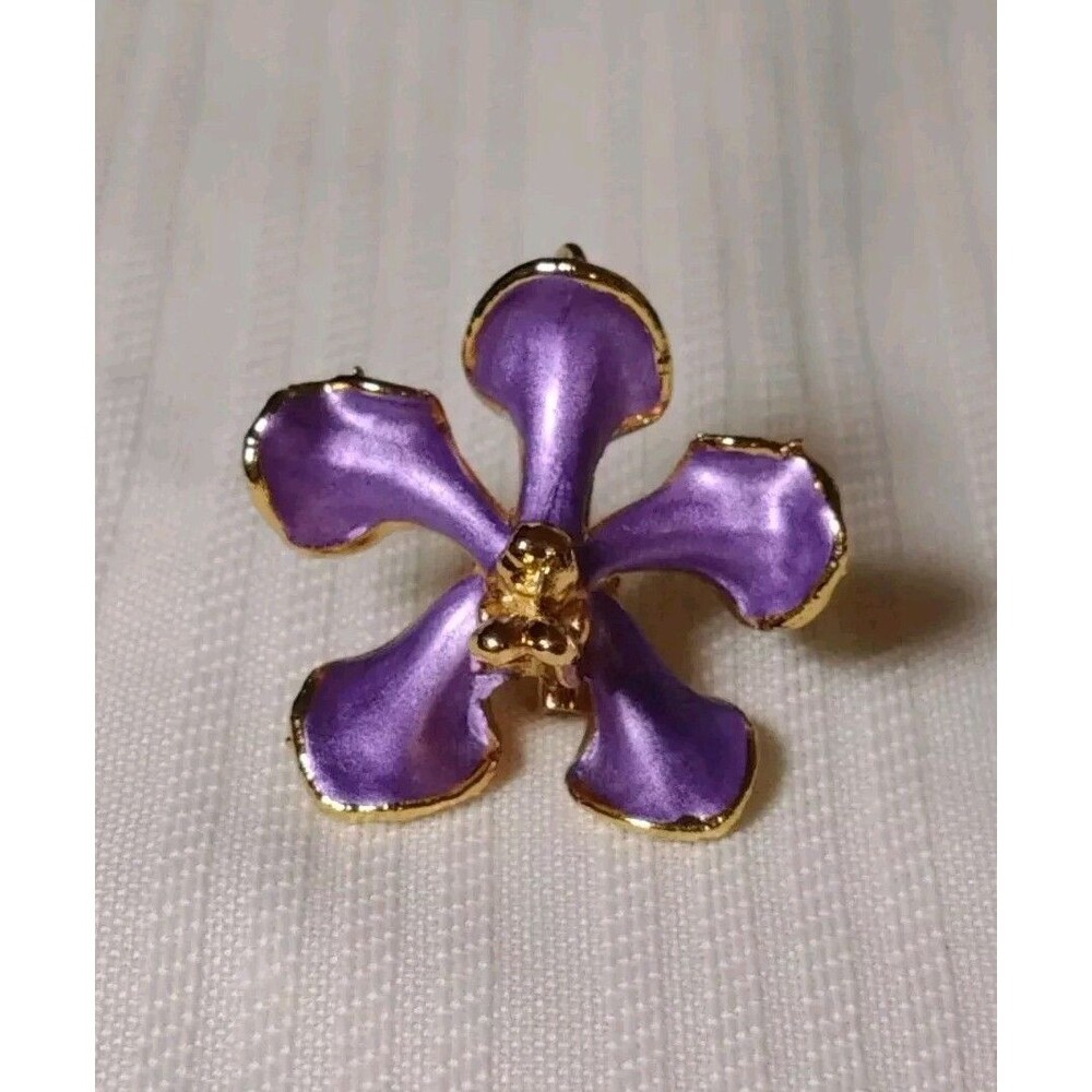 Vintage 22 KGP Orchid Flower Pin Brooch Pendant Unique Purple Gold Enamel petals